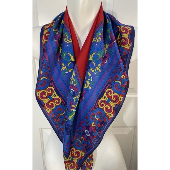 Liz Claiborne Accessories - Liz Claiborne Silk Square Scarf Blue Red Yellow Floral Geometric 31" x 31" Vtg